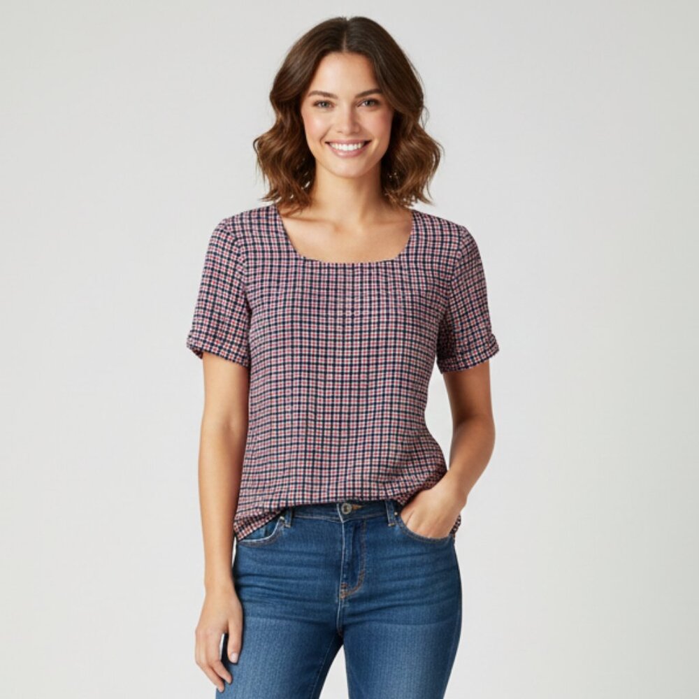 Tommy Hilfiger Women's Blouse short retro print XS business casual euro summer
